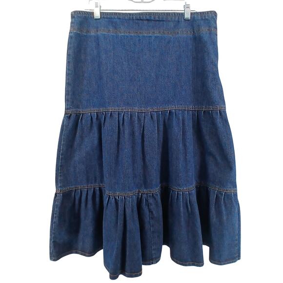 Tiered Denim Midi Skirt Womens X-Large Boho Western Y2K Hippie Country Farm - Picture 1 of 9